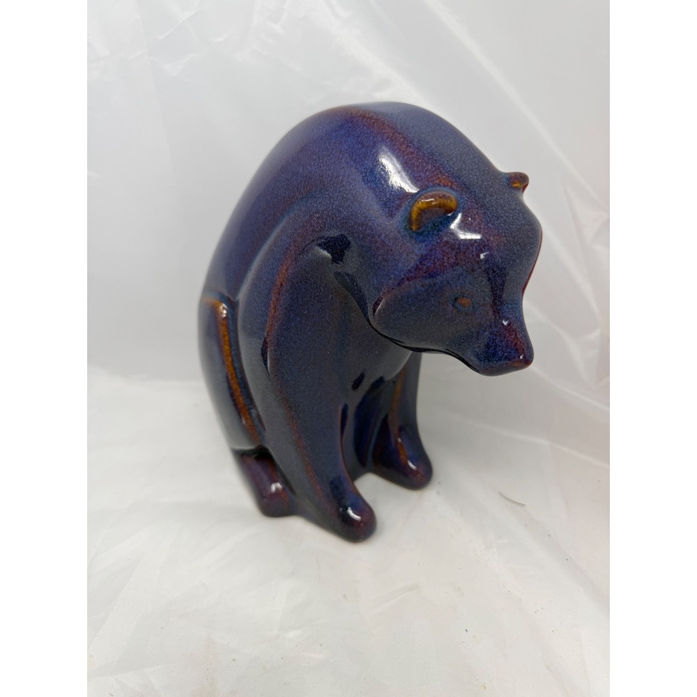 Modern Purple Reactive Glaze Ceramic Bear Figurine Seated Sculpture 7.5 Inch